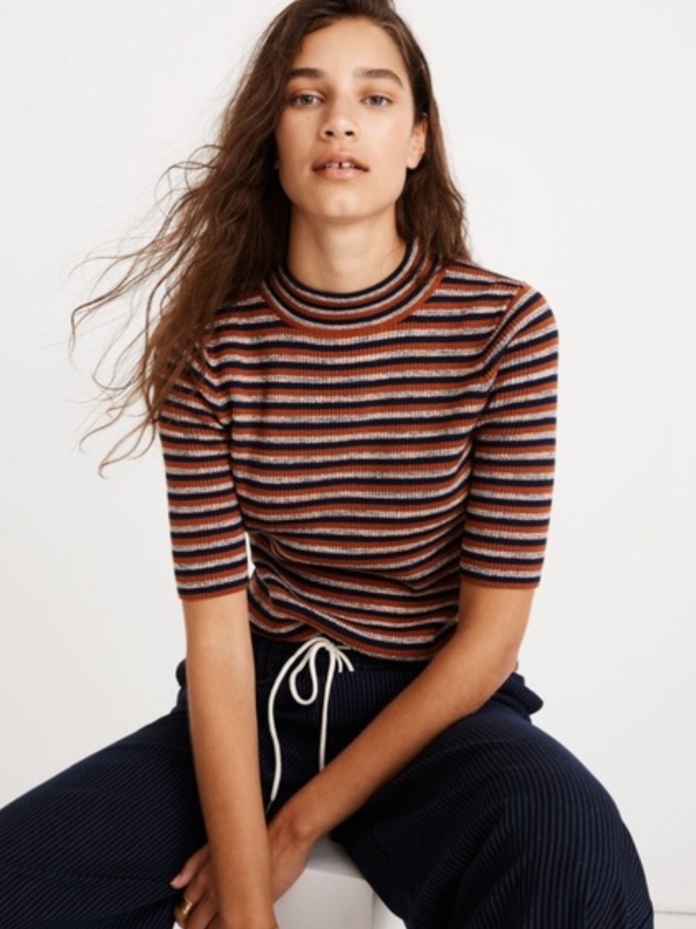 Madewell Striped Mock Neck Short Sleeve Sweater Top M